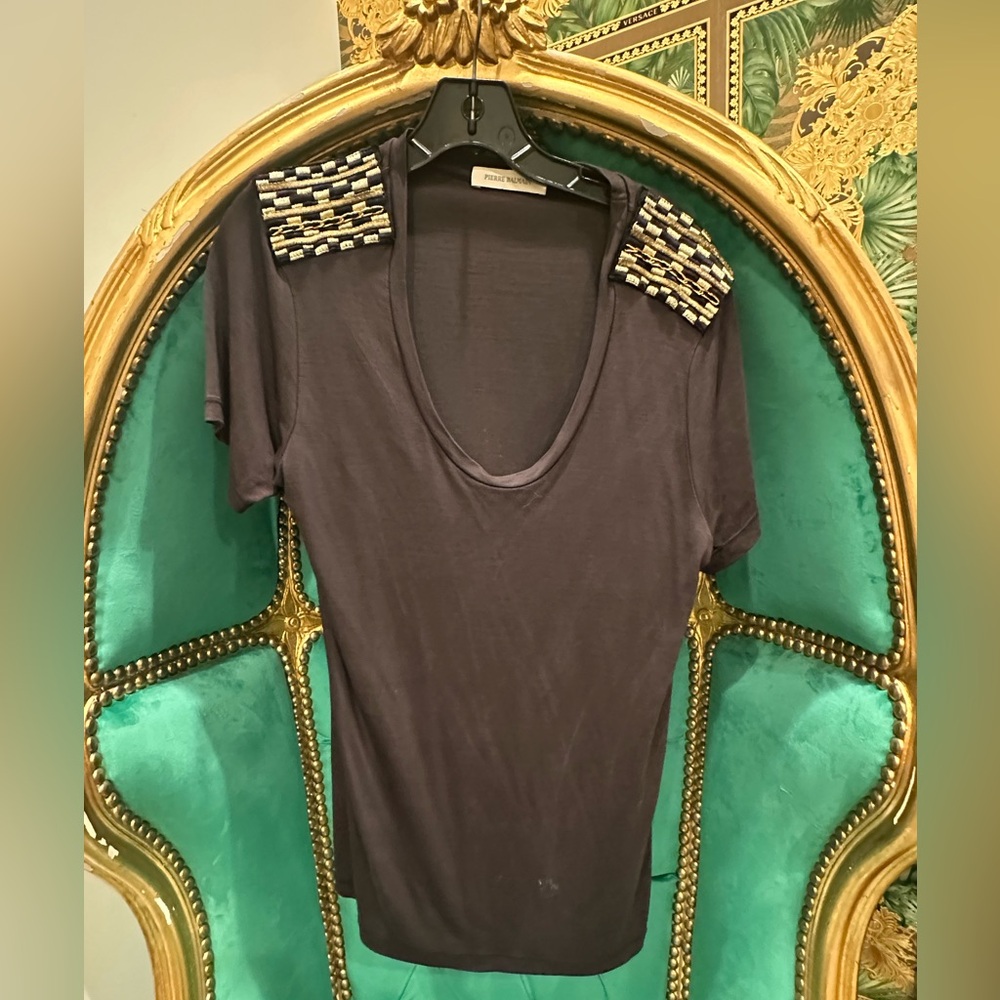 Pierre Balmain Black Top with Silver Embellishments, Size 38 (US Medium)